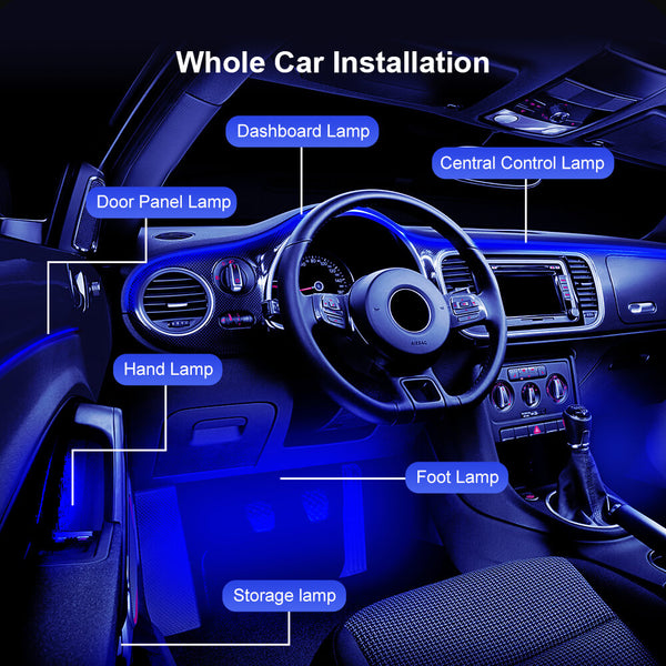 QAUBEN Car Interior Ambient Lighting Optic Fiber Cable RGB 64 Colors  Multicoloured Music Car Footwell Lighting Kit with Cigarette Lighter and  App